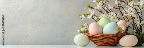 A lovely Easter scene displays pastel eggs in a woven basket, surrounded by blossoming branches, capturing the joyful spirit of spring and the festive celebration of this cherished holiday photo