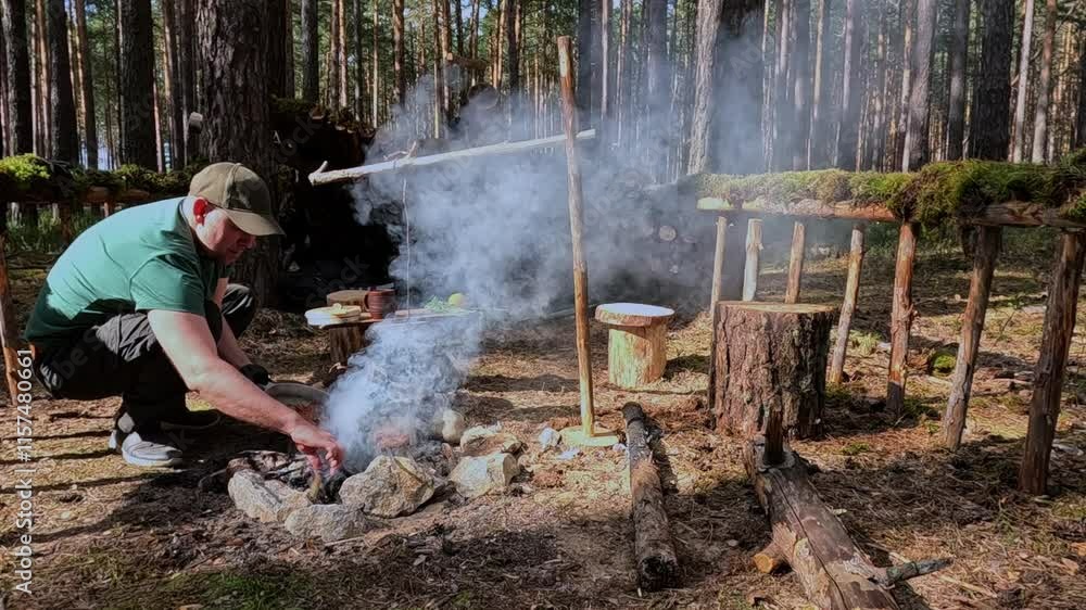 A man cooks food over a fire in the forest A man cooks food over a fire in the forest