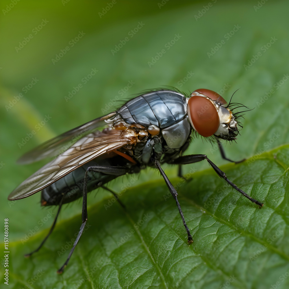Macro shot of the details of a Dipterous fly on a leaf outdoors Macro shot of the details of a Dipterous fly on a leaf outdoors
