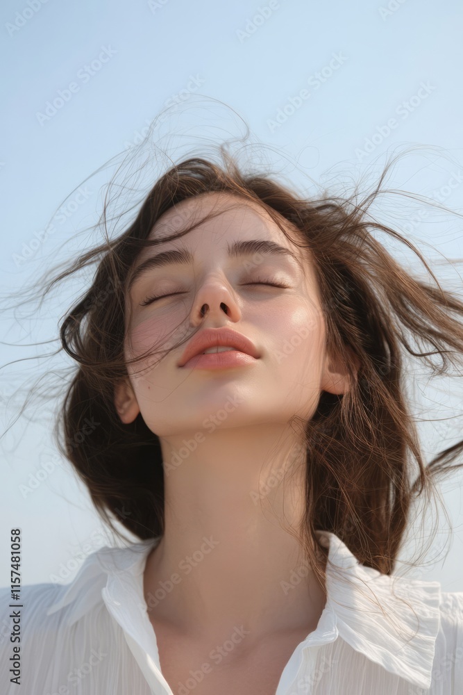 Beautiful young woman enjoying the fresh air and the sea breeze with closed eyes and blowing hair, vertical Beautiful young woman enjoying the fresh air and the sea breeze with closed eyes and blowing hair, vertical