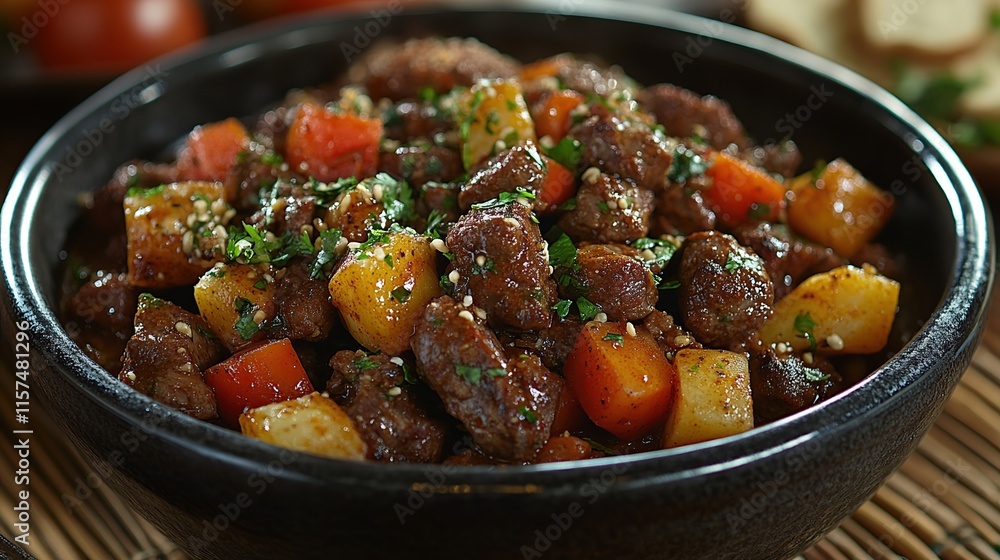 Hearty beef stew with potatoes and carrots in a dark bowl. Hearty beef stew with potatoes and carrots in a dark bowl.