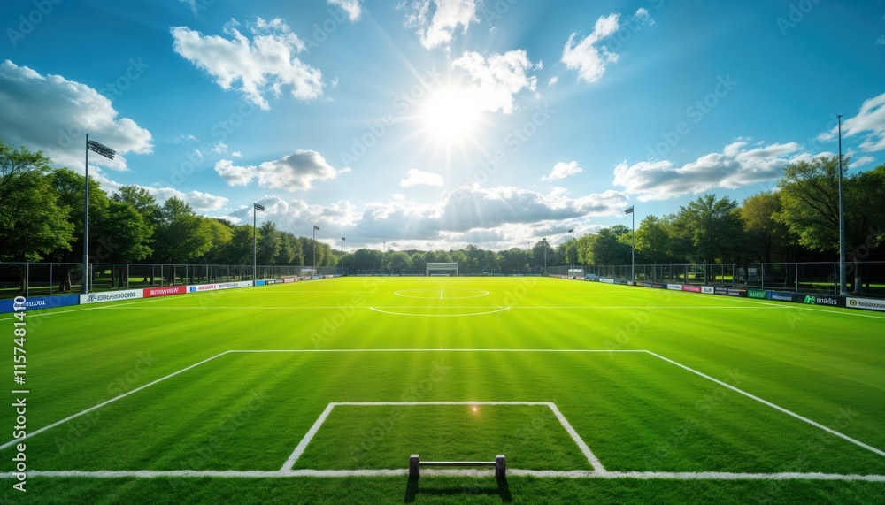 Fototapeta premium Empty soccer field on sunny day. Green artificial turf. Clear blue sky with bright sunlight. Tranquil scene with no people. Perfect for sport photoshoots background for images. Ideal for advertising