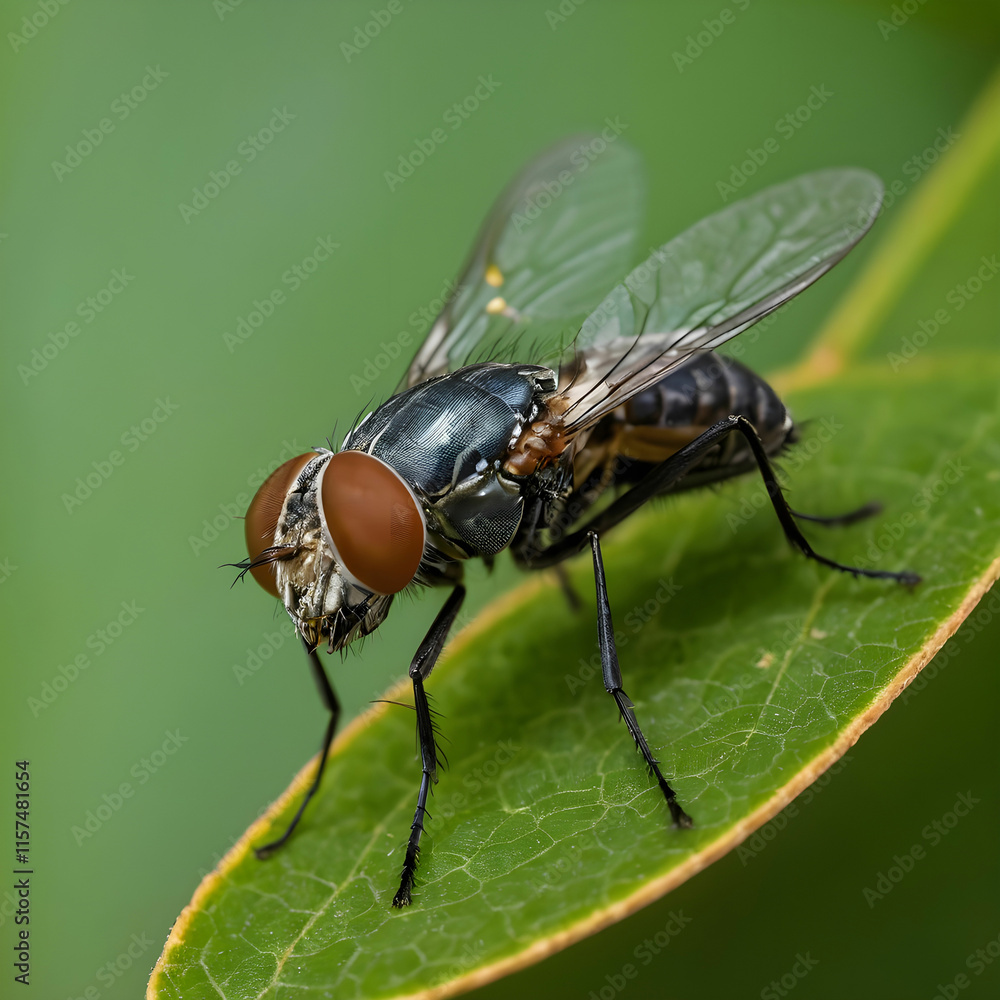 Macro shot of the details of a Dipterous fly on a leaf outdoors Macro shot of the details of a Dipterous fly on a leaf outdoors