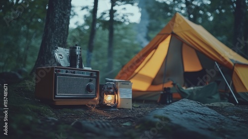 Campsite at dusk with illuminated tent, vintage radio, lantern, and coffee supplies. photo