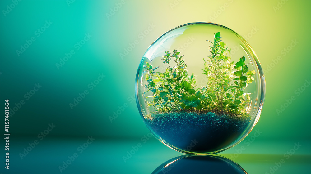 Illustration of a modern take on Earth Day, featuring a vibrant miniature ecosystem inside a clear glass globe Illustration of a modern take on Earth Day, featuring a vibrant miniature ecosystem inside a clear glass globe