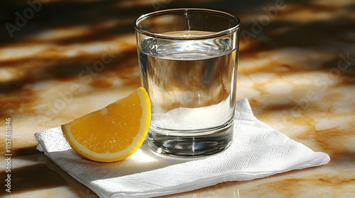 Refreshing lemon water drink kitchen table beverage photography bright environment close-up view hydration concept photo