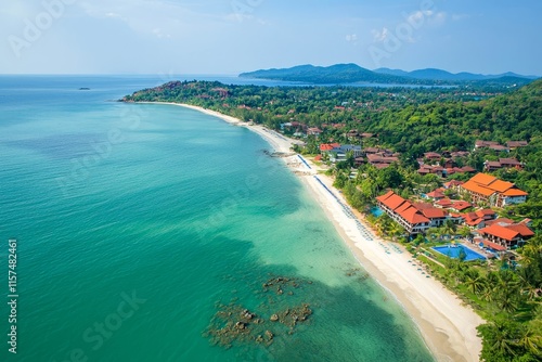 Aerial View of Scenic Tropical Beach of Karapyak with White Sand. photo