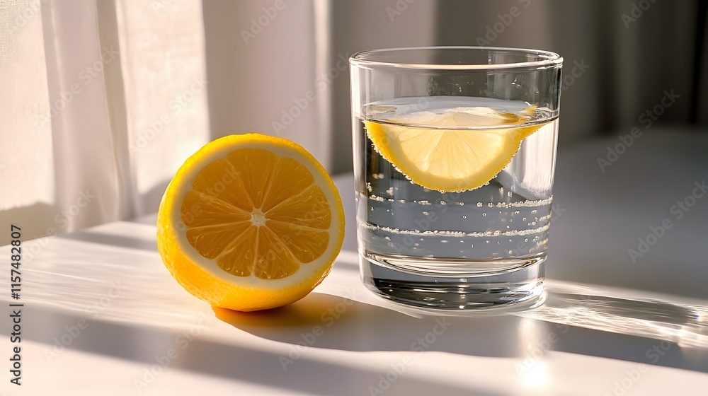 Refreshing lemon water drink kitchen table still life photography bright natural lighting close-up perspective health benefits Refreshing lemon water drink kitchen table still life photography bright natural lighting close-up perspective health benefits