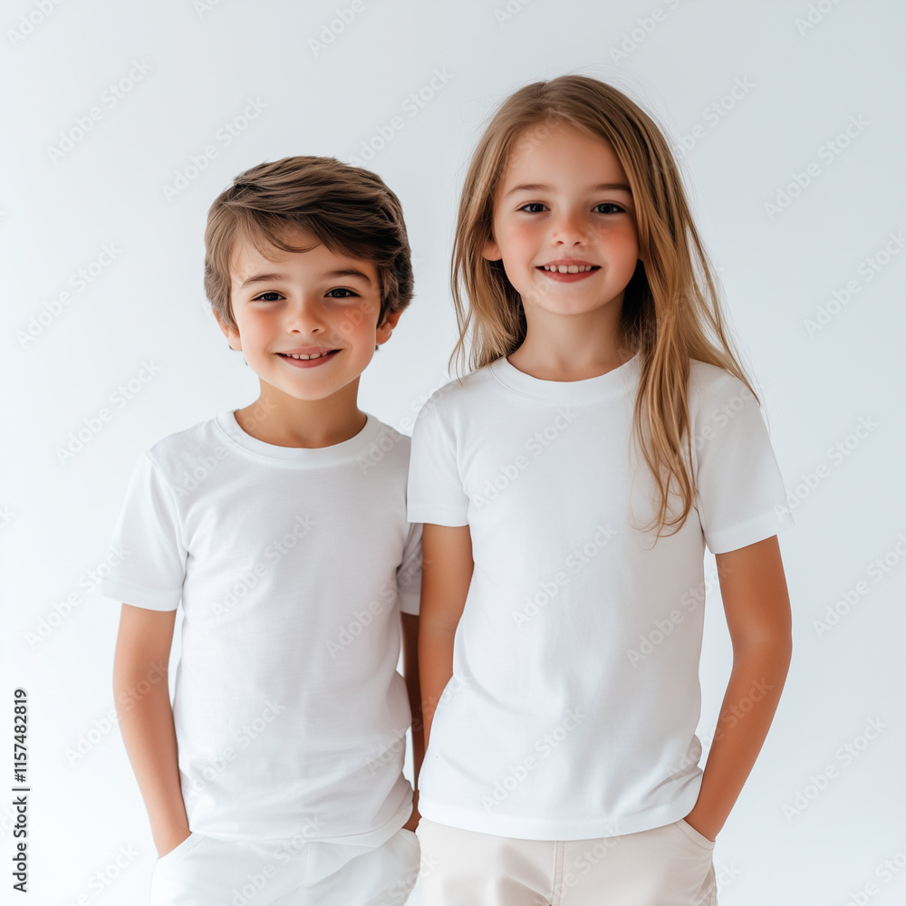 Two children, a boy and a girl, wearing white t-shirts posing on a white background, smiling