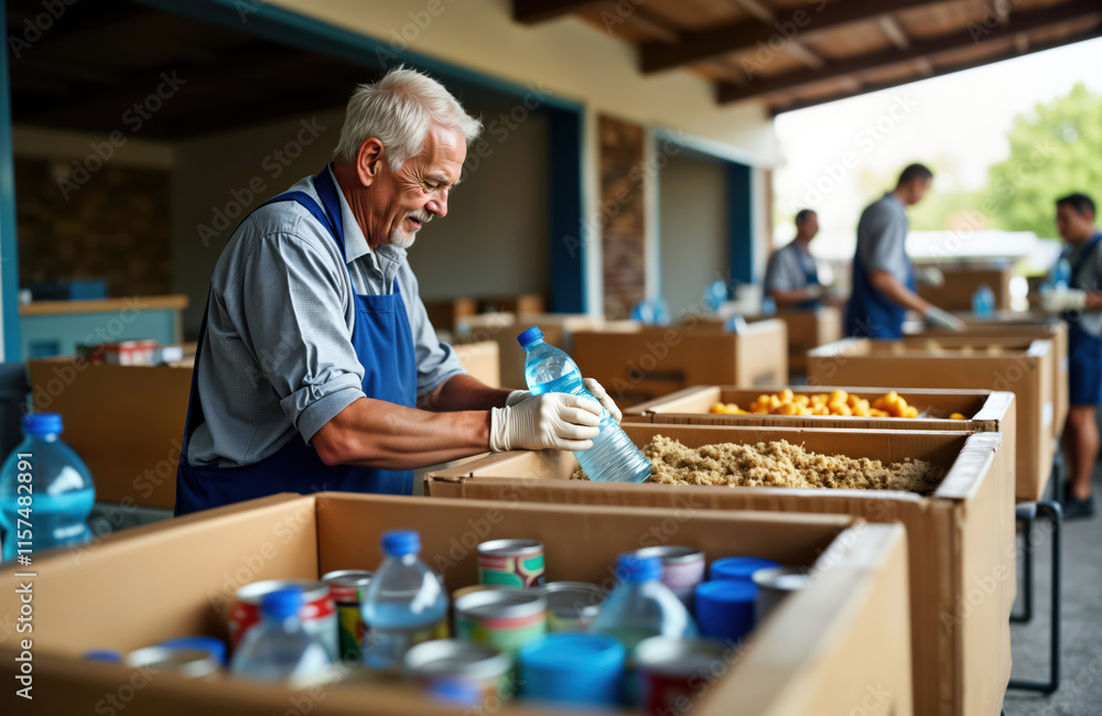 Mature man volunteers at community center. He is sorting donated food and water in cardboard boxes. People in background also sort foodstuff. Donation drive is underway. Its an indoor event. Mature man volunteers at community center. He is sorting donated food and water in cardboard boxes. People in background also sort foodstuff. Donation drive is underway. Its an indoor event.