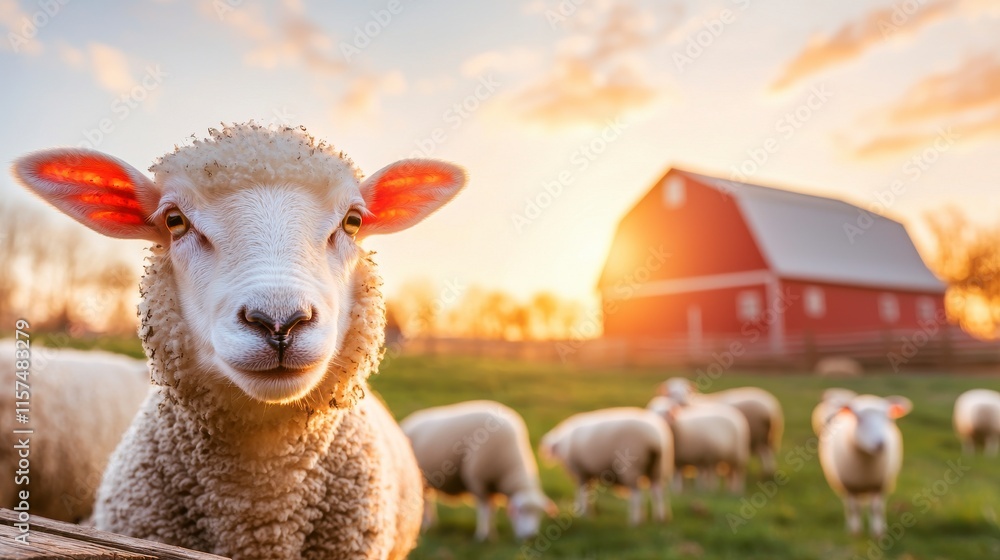 Fototapeta premium Close-Up of Sheep in Pasture with Barn and Sunset Glow in Background