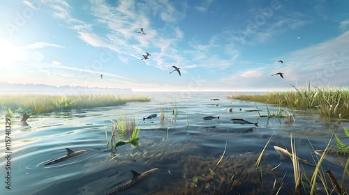 Estuaries are dynamic ecosystems where freshwater from rivers and streams mixes with saltwater from the ocean, creating a unique brackish environment. These transitional zones are rich in nutrients, s photo