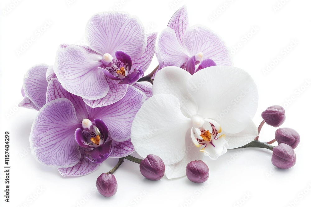 Obraz premium Elegant Purple and White Orchid Flowers on White Background for Floral Design Use