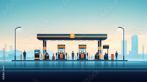 Rising fuel prices at a gas station with concerned commuters in the background, reflecting inflation s impact on transportation photo