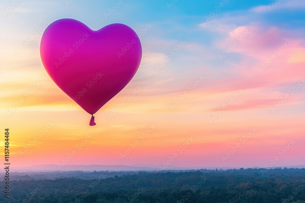 Fototapeta premium A charming hot air balloon, shaped like a heart, gently soars through the sky during a beautiful sunset, painting the horizon with vibrant colors. Sunrise or sunset in romantic nature settings. poster