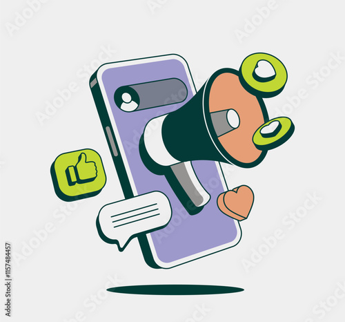 Smartphone with a megaphone, social media icons, and speech bubbles, symbolizing digital marketing, communication, and engagement. Colorful isometric vector illustration