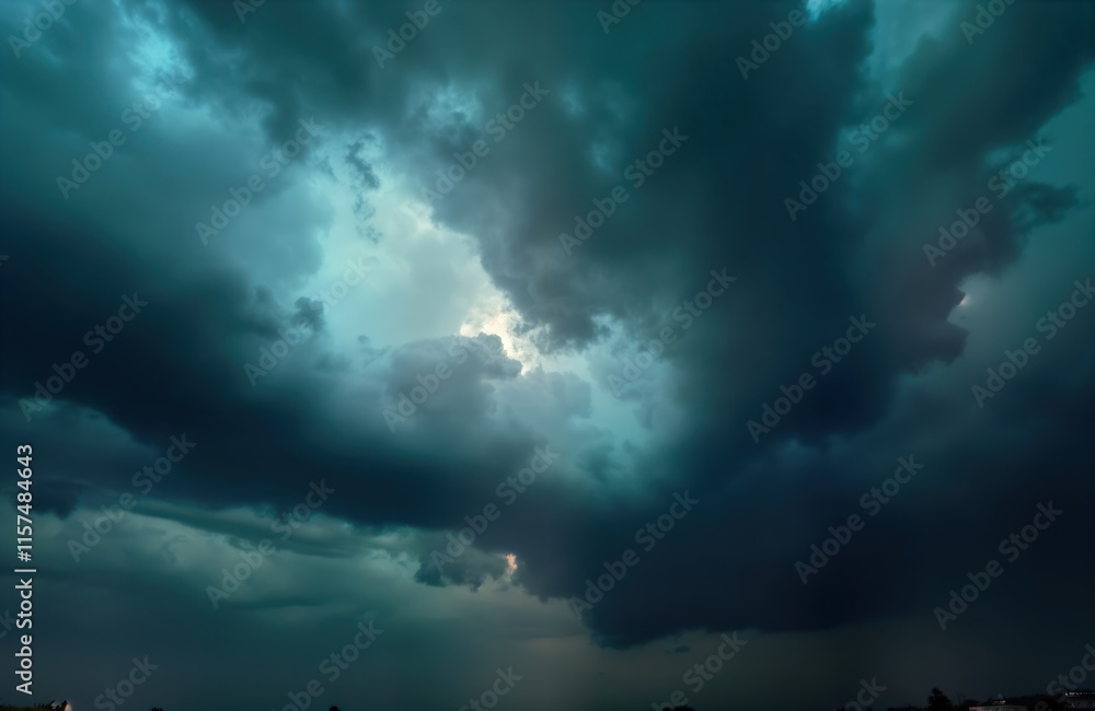 Dramatic dark storm clouds fill sky. Massive thunderclouds gather menacingly. Rain, strong winds likely. Stormy weather conditions evident. Gloomy atmosphere. Heavy clouds form ominous shapes.