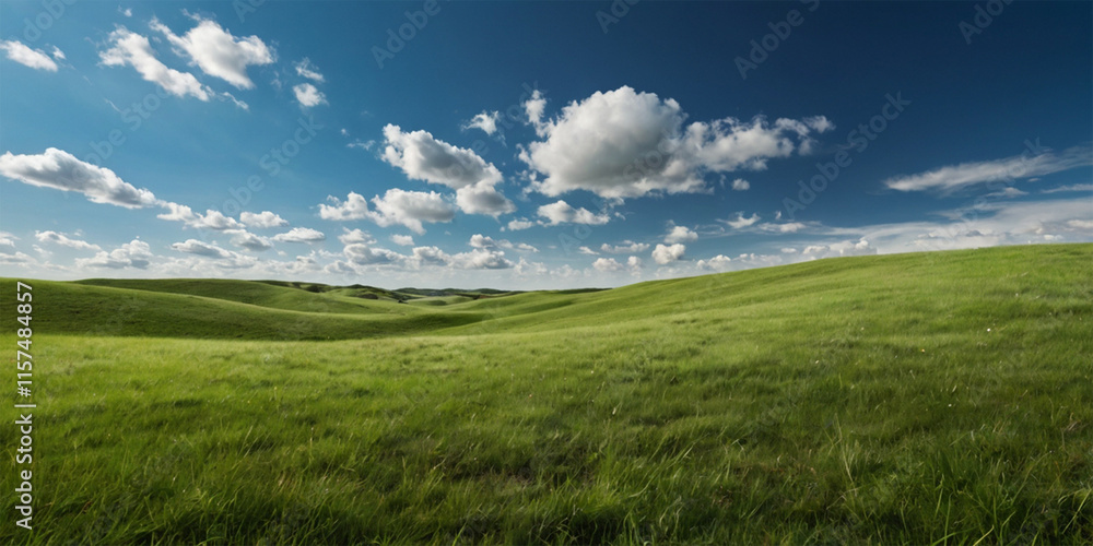 A vibrant green meadow stretches towards a boundless blue sky, dotted with fluffy white clouds A vibrant green meadow stretches towards a boundless blue sky, dotted with fluffy white clouds
