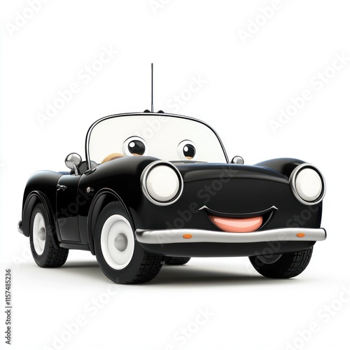 A cute black convertible with a welcoming face. vector style art 3d illustration Isolated on White Background photo