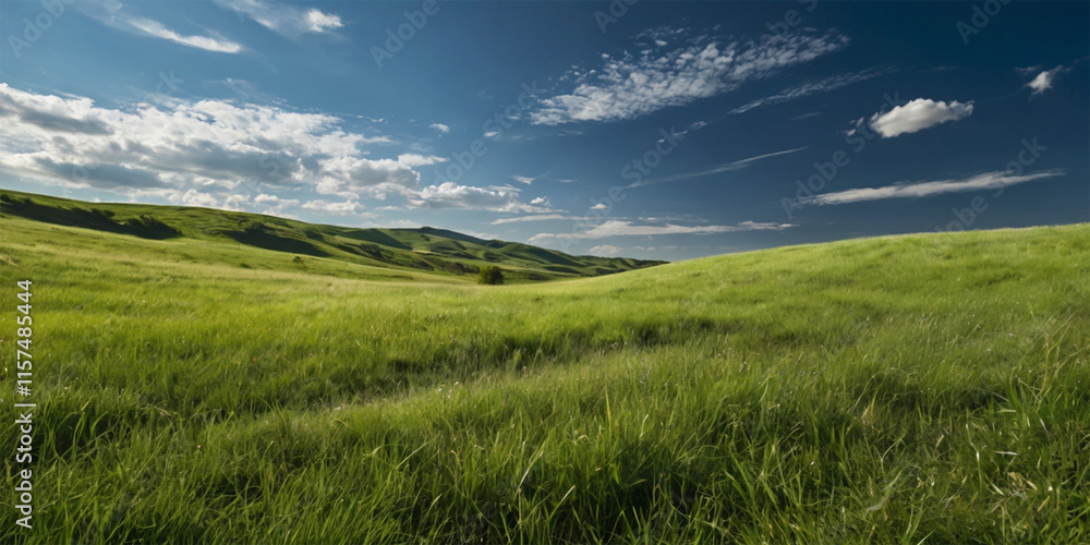 A vibrant green meadow stretches towards a boundless blue sky, dotted with fluffy white clouds A vibrant green meadow stretches towards a boundless blue sky, dotted with fluffy white clouds