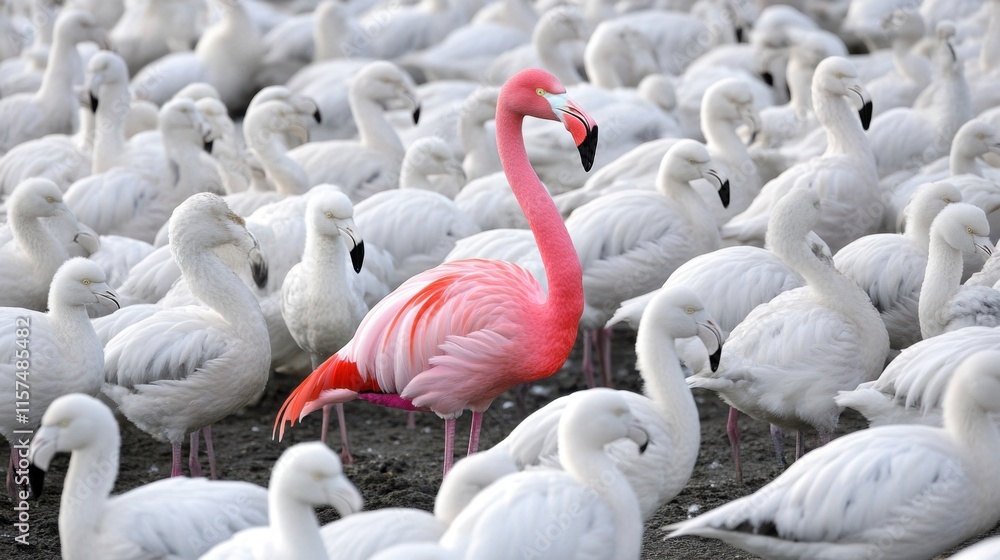 Obraz premium Unique Pink Flamingo Among White Birds in Nature Reserve Setting