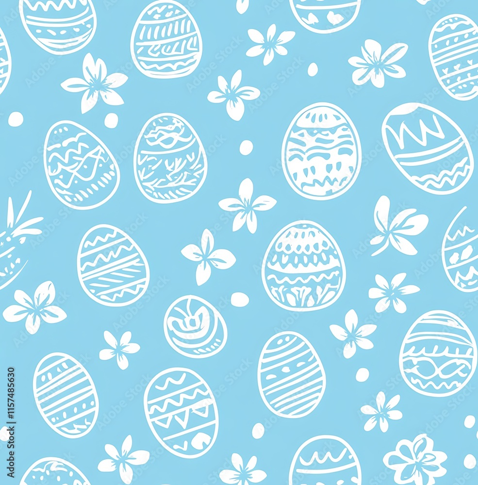 A seamless pattern of white line-drawn Easter eggs on a light blue background, easter seamless pattern A seamless pattern of white line-drawn Easter eggs on a light blue background, easter seamless pattern
