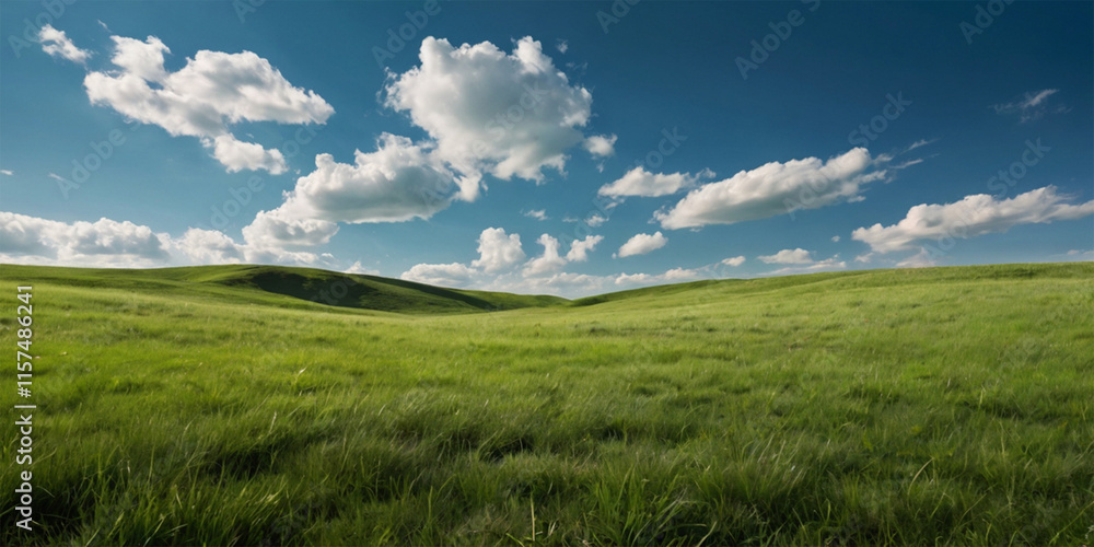A vibrant green meadow stretches towards a boundless blue sky, dotted with fluffy white clouds A vibrant green meadow stretches towards a boundless blue sky, dotted with fluffy white clouds