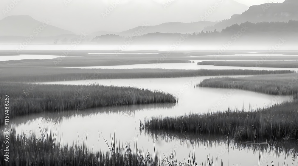 Fototapeta premium A winding river flows through the grassy marshland under a thick morning mist.