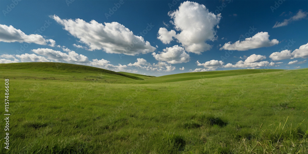 Obraz premium A vibrant green meadow stretches towards a boundless blue sky, dotted with fluffy white clouds
