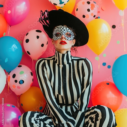 Mujer con antifaz de lunares, sombrero elegante y atuendo de rayas en un ambiente festivo con globos de colores y fondo rosa photo