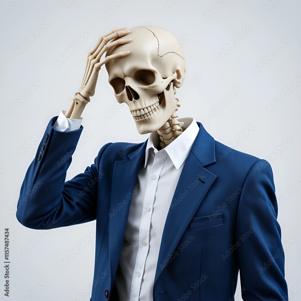 portrait of a skeleton expressing confusion by putting his hand to his forehead while wearing a white shirt and blue suit. portrait of a skeleton expressing confusion by putting his hand to his forehead while wearing a white shirt and blue suit.