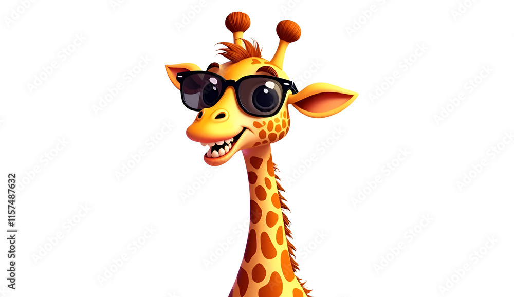 Fototapeta premium Funny cartoon giraffe with sunglasses isolated on white background, Generative AI