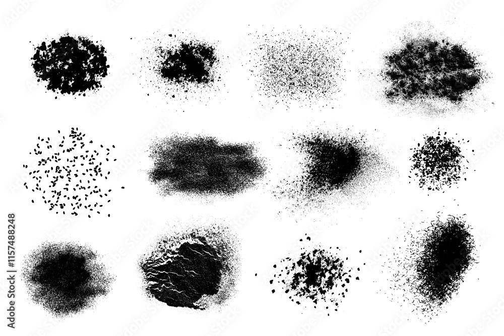 Set of granular grainy black spots of various shapes and densities. Texture brushes in form of spray, granules, grains of sand with soft uneven edge. Vector isolated illustration. Set of granular grainy black spots of various shapes and densities. Texture brushes in form of spray, granules, grains of sand with soft uneven edge. Vector isolated illustration.