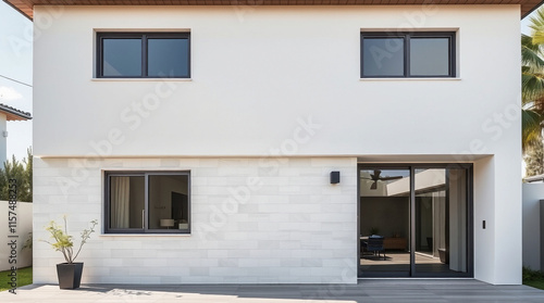 Exterior View of Two-Story Building with Sliding Glass Doors and Windows