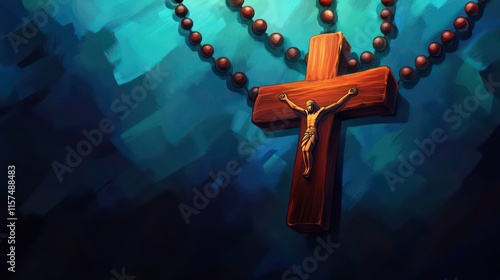 The wooden cross is part of a rosary with balls. Religious symbol. Illustration for cover, card, postcard, poster, brochure, etc.