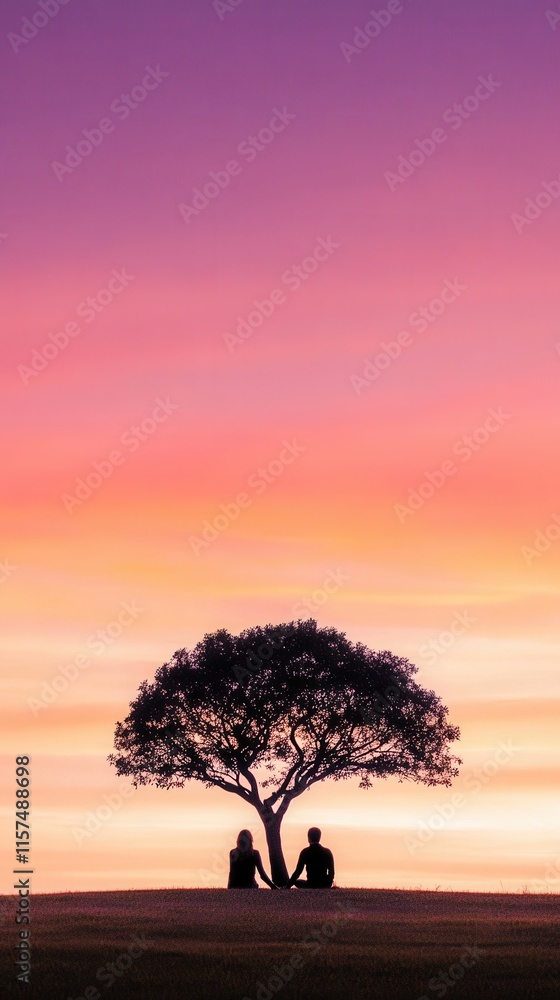 Two individuals are quietly sitting underneath a tree during a beautiful sunset, enjoying the colors of the sky as evening descends. Sunrise or sunset in romantic nature settings. poster Two individuals are quietly sitting underneath a tree during a beautiful sunset, enjoying the colors of the sky as evening descends. Sunrise or sunset in romantic nature settings. poster