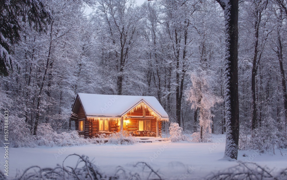 A quiet and serene winter wonderland with snow-laden trees, a rustic wooden cabin glowing with warm light, and delicate snowflakes softly drifting down from the sky A quiet and serene winter wonderland with snow-laden trees, a rustic wooden cabin glowing with warm light, and delicate snowflakes softly drifting down from the sky