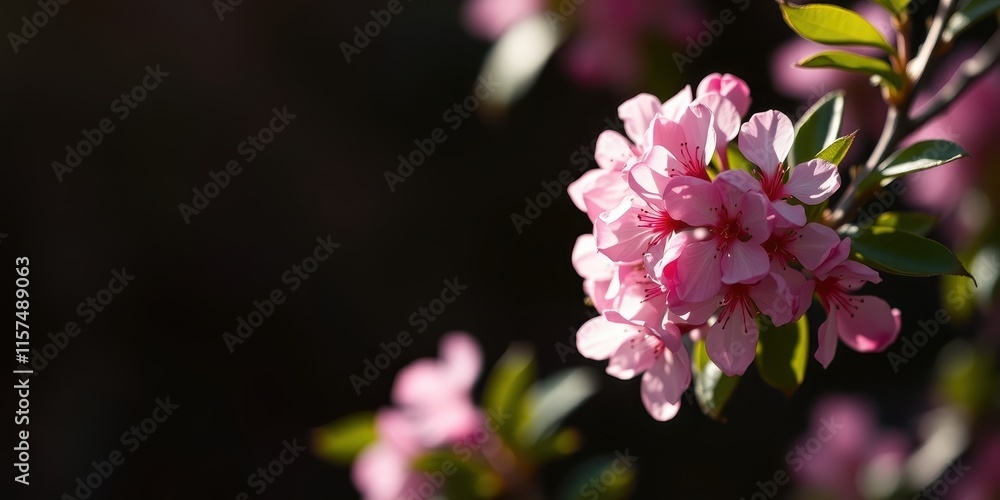 A cluster of delicate pink blossoms on a branch, bathed in soft sunlight against a dark background A cluster of delicate pink blossoms on a branch, bathed in soft sunlight against a dark background