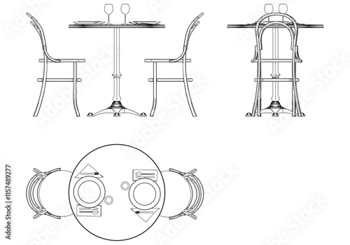 Illustrated Outline of Dining Chairs and Table Set in a Restaurant with white background. Vector Illustration with Front, Side, and Top Views