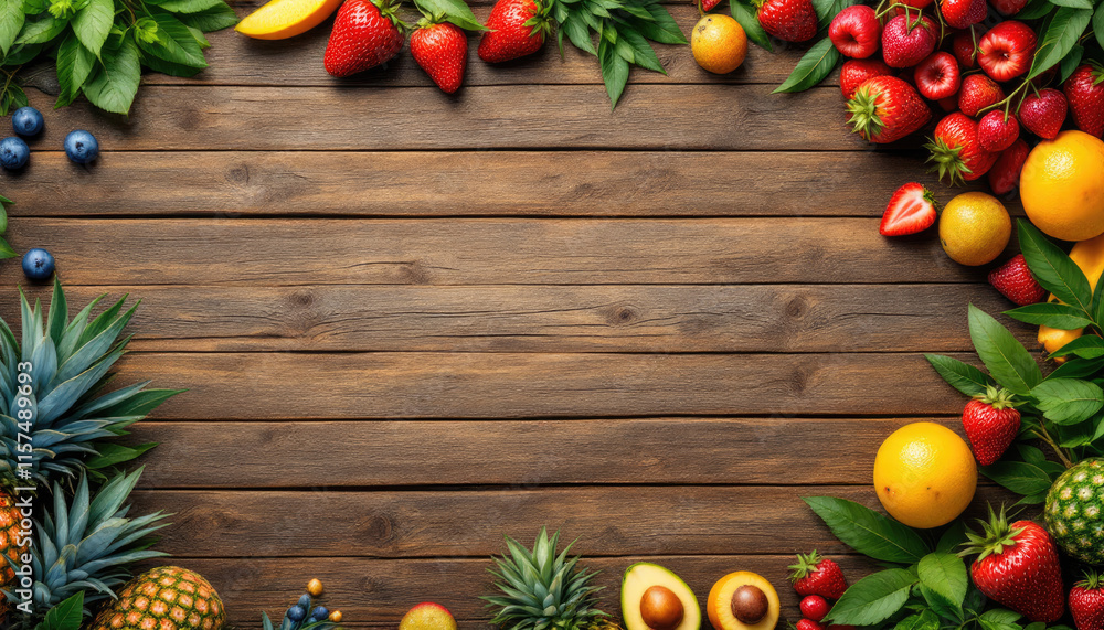A vibrant arrangement of fresh fruits, including strawberries, blueberries, oranges, pineapple, and avocado, is displayed on a rustic wooden background. A vibrant arrangement of fresh fruits, including strawberries, blueberries, oranges, pineapple, and avocado, is displayed on a rustic wooden background.