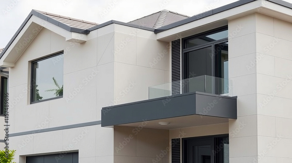 Modern Two-Story House with Balcony and Gray Trim Modern Two-Story House with Balcony and Gray Trim