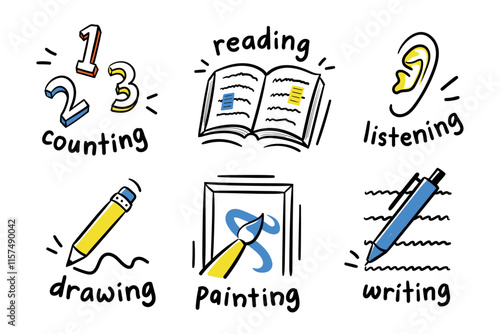 Learning activities hand drawn doodle vector illustration set