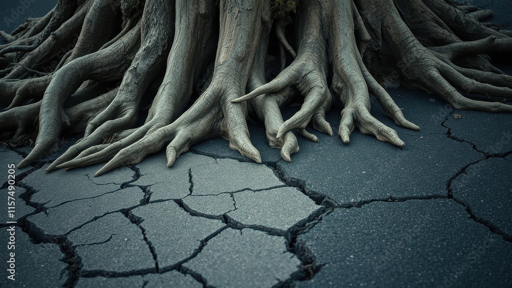 Fototapeta premium Ancient Tree Roots Emerging from Cracked Asphalt Surface
