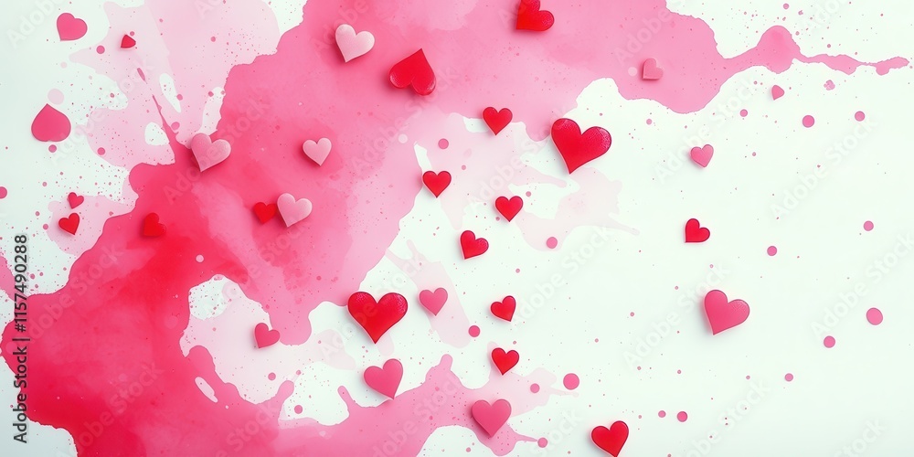 Romantic Pink and Red Heart Scattered on Watercolor Background Romantic Pink and Red Heart Scattered on Watercolor Background