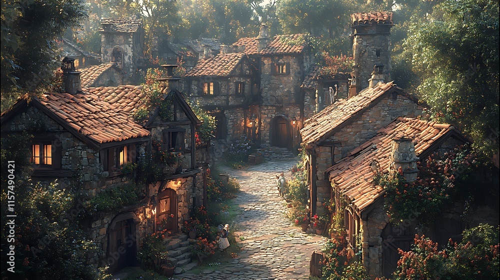 Obraz premium Enchanting Stone Village nestled among lush green trees