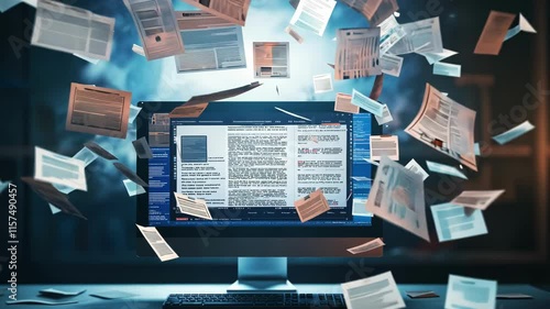 Computer screen displaying text editing software surrounded by floating documents, symbolizing digital data and information processing. 4K video