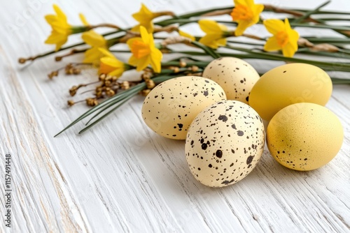 A serene arrangement of decorative Easter eggs and vibrant yellow daffodils captures the joyous essence of spring and embodies the festive spirit of Easter, inviting warmth and happiness photo