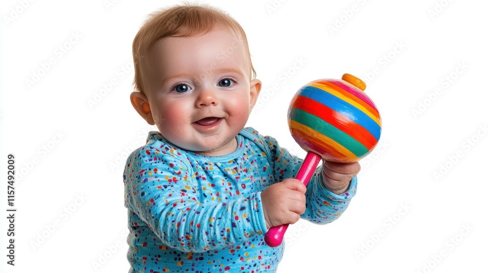 Happy baby holding a colorful toy rattle with a joyful expression. Happy baby holding a colorful toy rattle with a joyful expression.