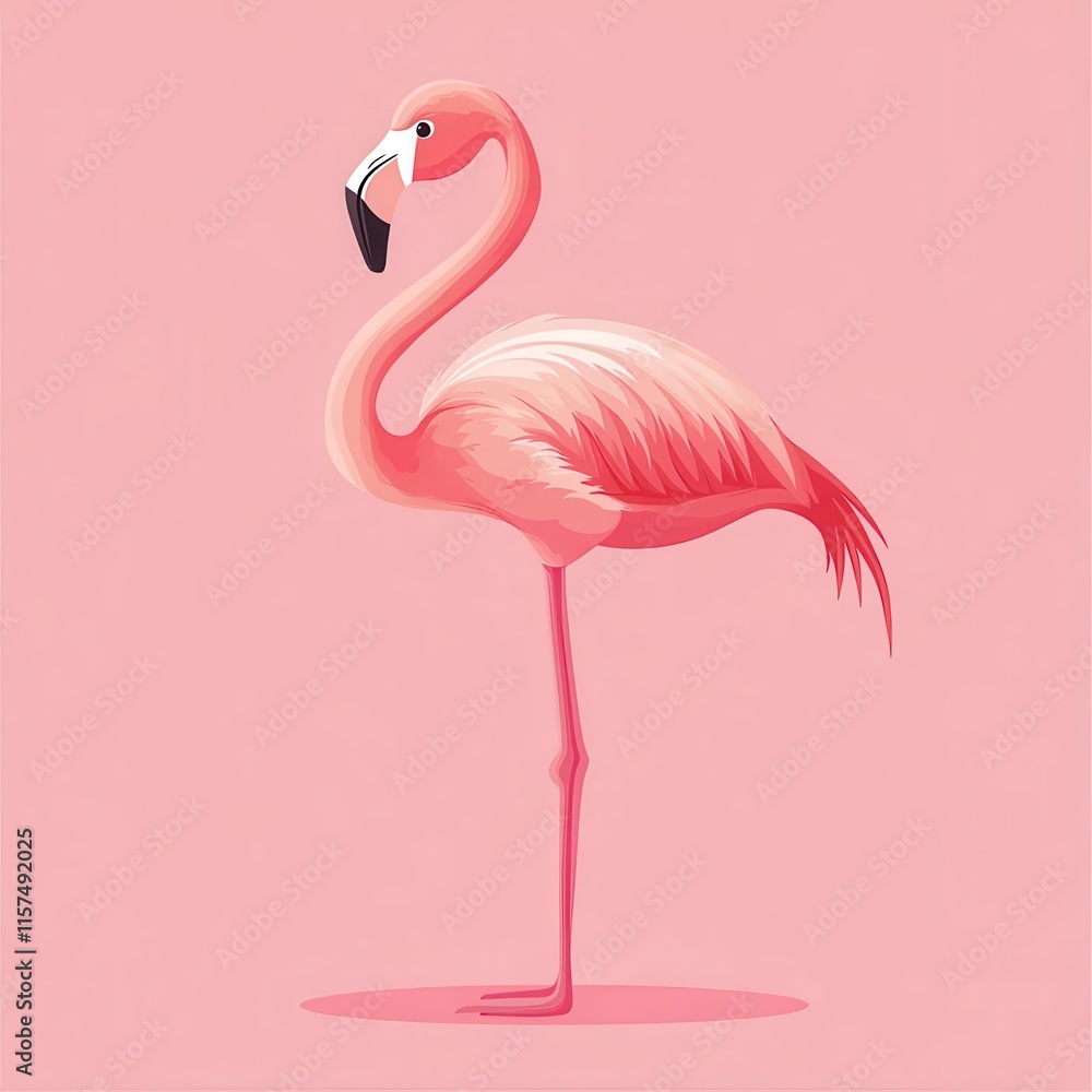 Fototapeta premium A cute flat cartoon flamingo chick stands in profile on one leg against a solid pink background with a simple and minimalistic color palette.
