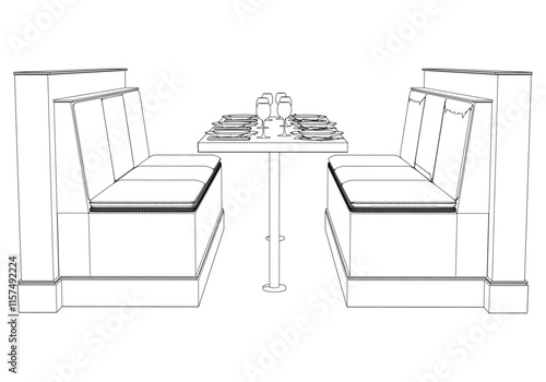 Restaurant furniture, Trendy dinner table and chairs set hand drawn outline doodle icon. Flat design. Vector sketch illustration for print, mobile graphic and infographics isolated on white background